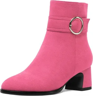 SHOWFOREST Womens Round Toe Travel Buckle Suede Solid Hiking Ankle Strap Chunky Low Heel Ankle High Boots 2 Inch