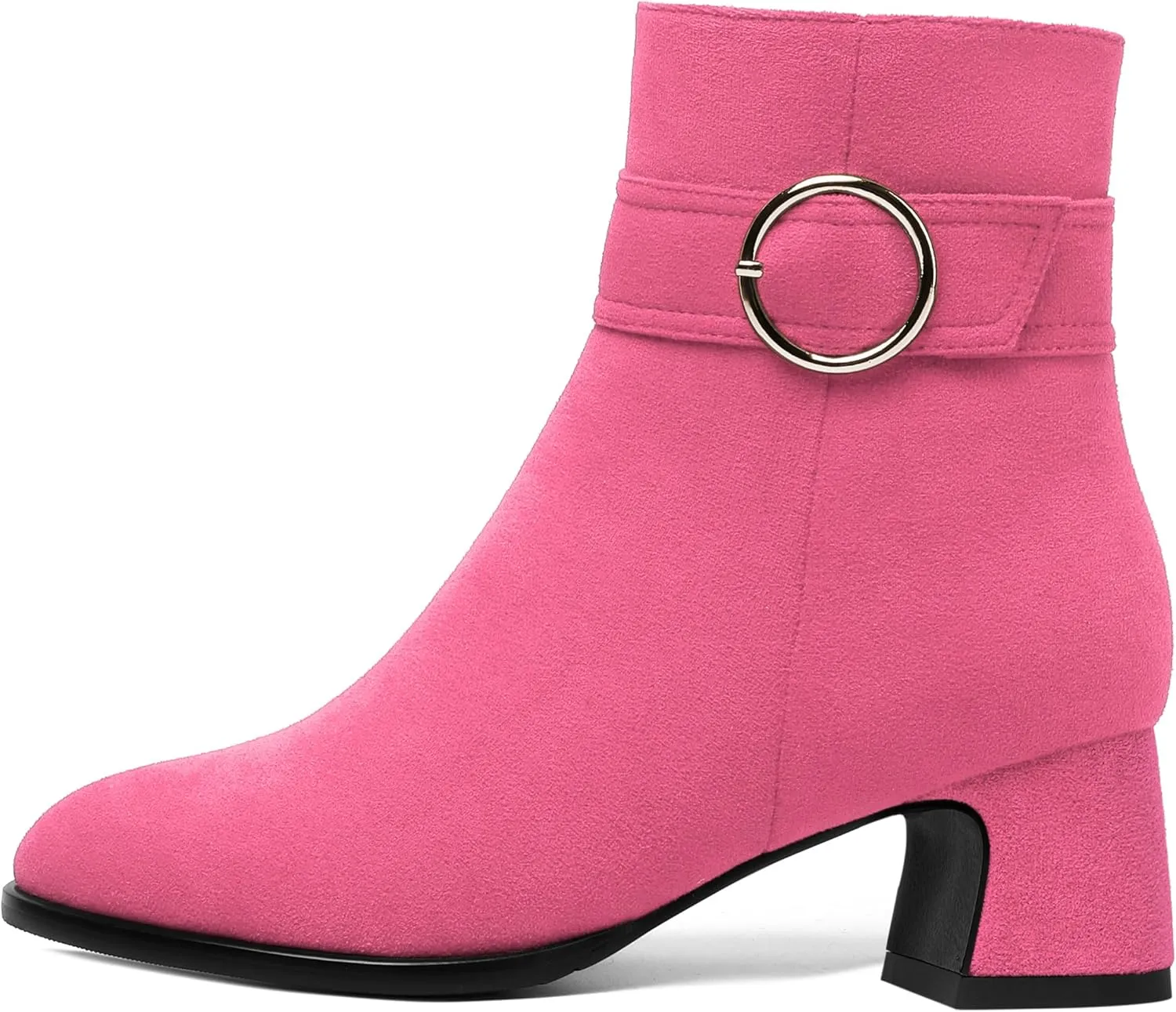 SHOWFOREST Womens Round Toe Travel Buckle Suede Solid Hiking Ankle Strap Chunky Low Heel Ankle High Boots 2 Inch