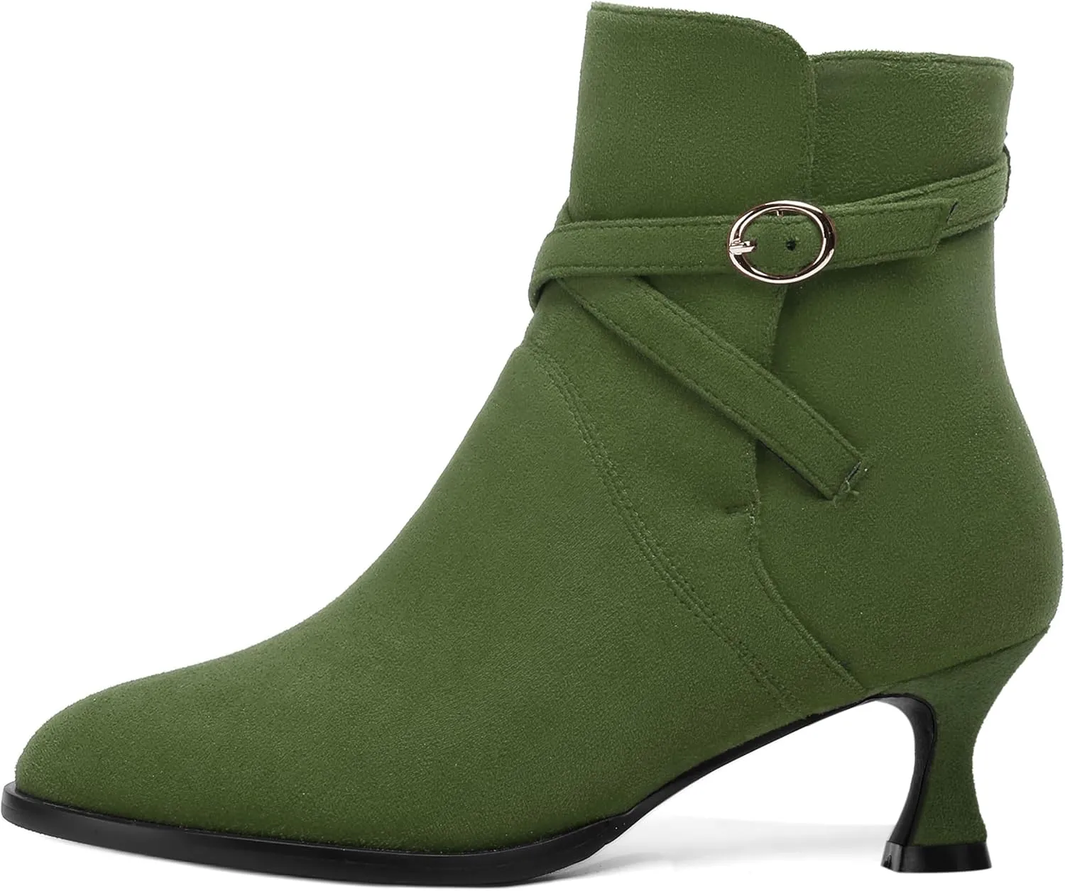 SHOWFOREST Womens Solid Cold Weather Dating Buckle Suede Ankle Strap Round Toe Kitten Low Heel Ankle High Boots 2 Inch