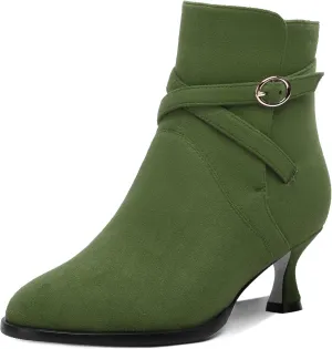 SHOWFOREST Womens Solid Cold Weather Dating Buckle Suede Ankle Strap Round Toe Kitten Low Heel Ankle High Boots 2 Inch