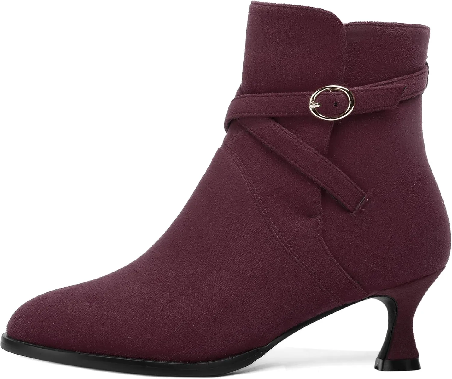 SHOWFOREST Womens Solid Cold Weather Dating Buckle Suede Ankle Strap Round Toe Kitten Low Heel Ankle High Boots 2 Inch