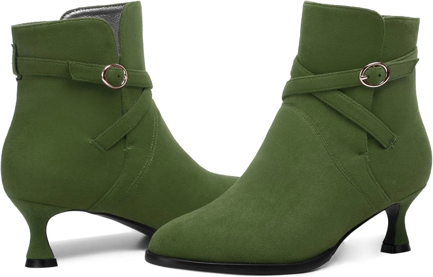 SHOWFOREST Womens Solid Cold Weather Dating Buckle Suede Ankle Strap Round Toe Kitten Low Heel Ankle High Boots 2 Inch