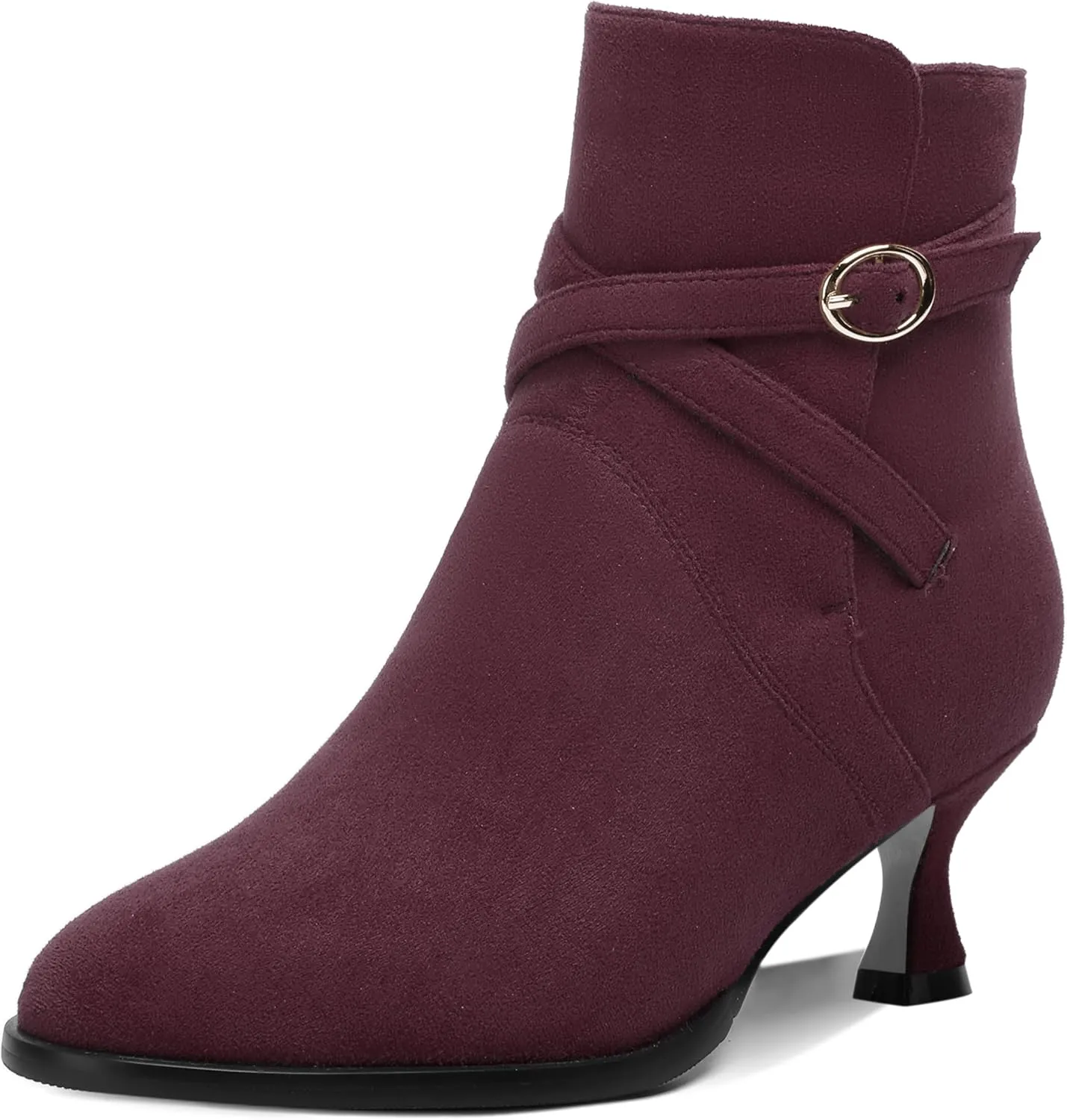 SHOWFOREST Womens Solid Cold Weather Dating Buckle Suede Ankle Strap Round Toe Kitten Low Heel Ankle High Boots 2 Inch