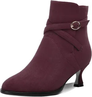 SHOWFOREST Womens Solid Cold Weather Dating Buckle Suede Ankle Strap Round Toe Kitten Low Heel Ankle High Boots 2 Inch