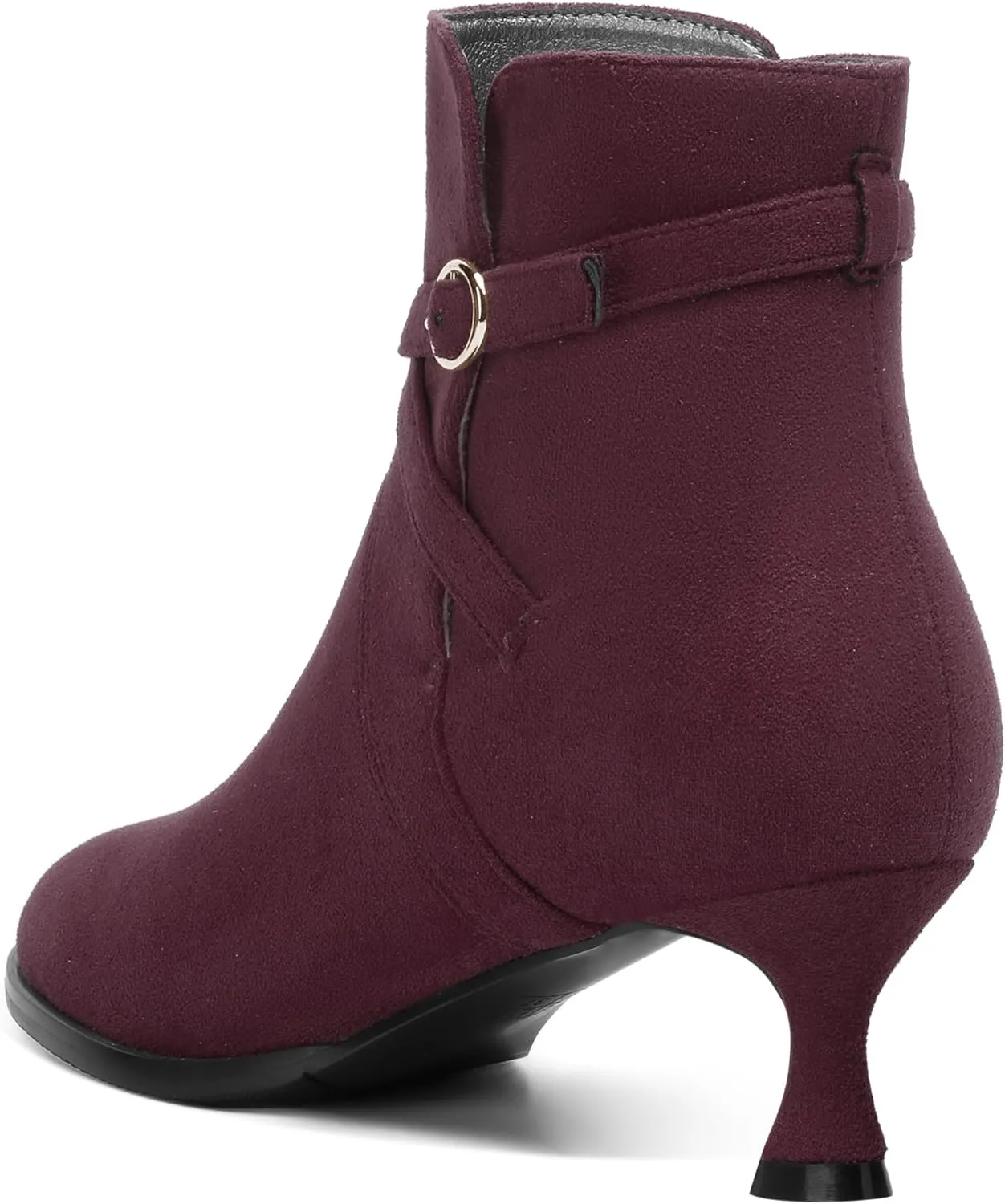 SHOWFOREST Womens Solid Cold Weather Dating Buckle Suede Ankle Strap Round Toe Kitten Low Heel Ankle High Boots 2 Inch