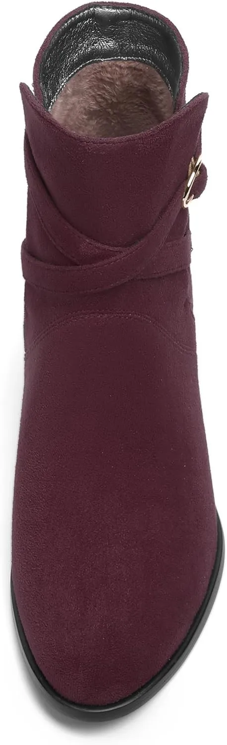 SHOWFOREST Womens Solid Cold Weather Dating Buckle Suede Ankle Strap Round Toe Kitten Low Heel Ankle High Boots 2 Inch