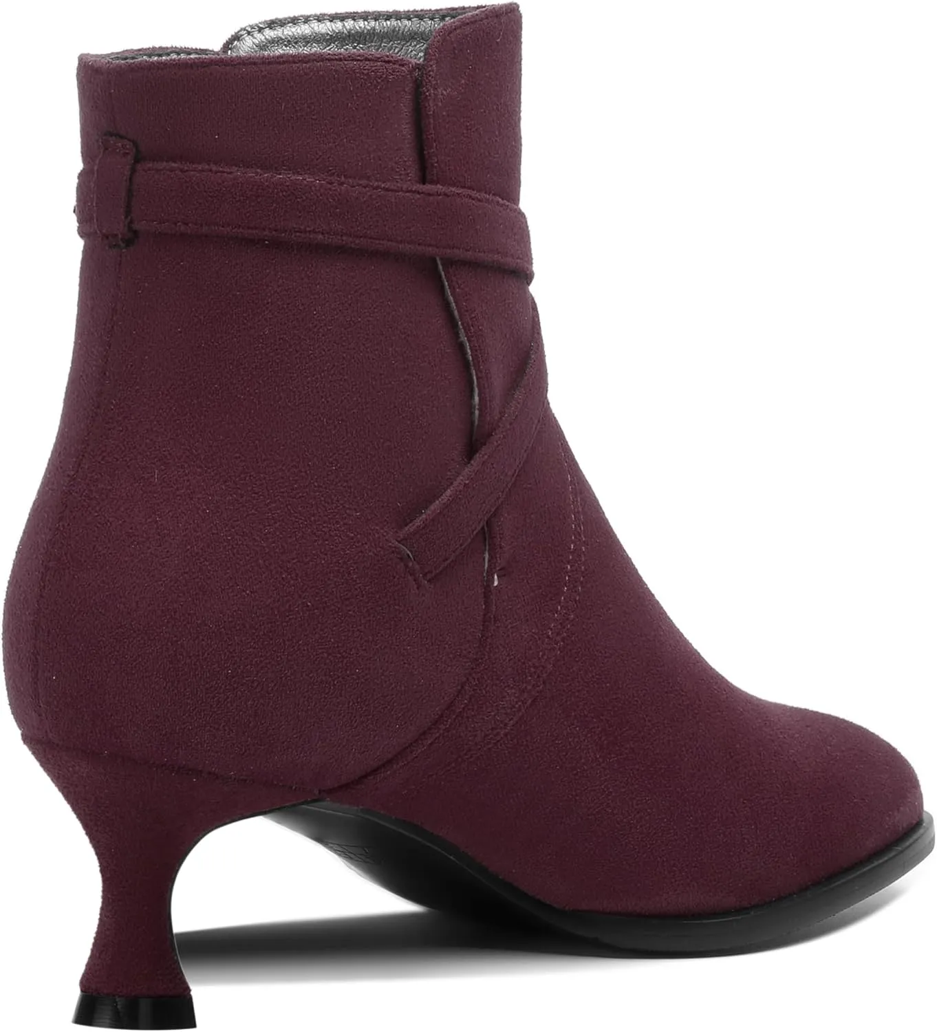 SHOWFOREST Womens Solid Cold Weather Dating Buckle Suede Ankle Strap Round Toe Kitten Low Heel Ankle High Boots 2 Inch