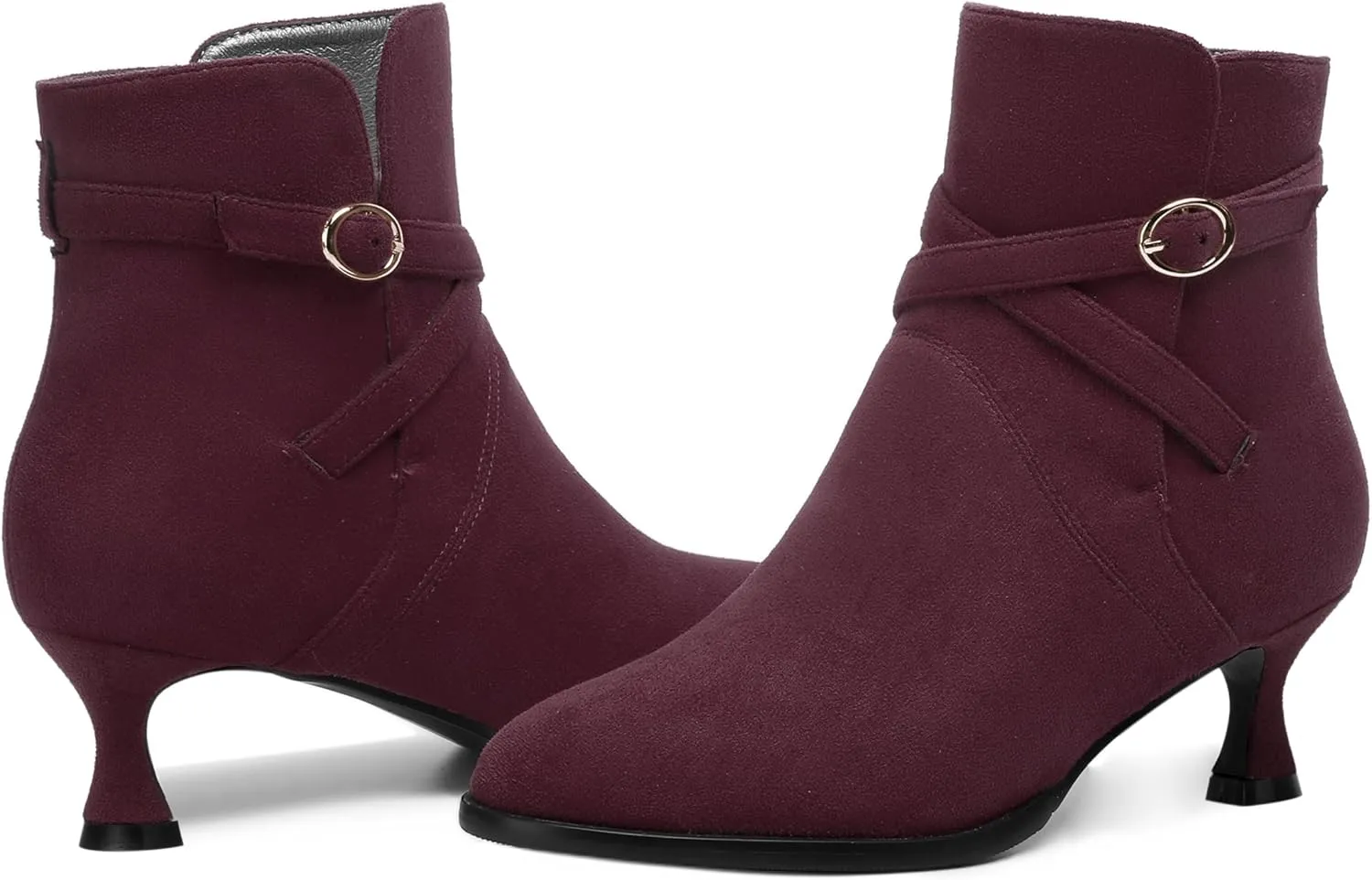 SHOWFOREST Womens Solid Cold Weather Dating Buckle Suede Ankle Strap Round Toe Kitten Low Heel Ankle High Boots 2 Inch