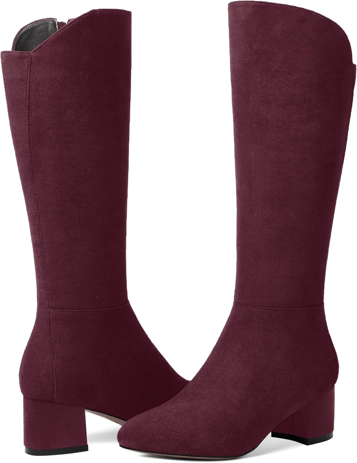 SHOWFOREST Womens Zip Solid Outdoor Cute Round Toe Suede Chunky Low Heel Knee High Boots 2 Inch