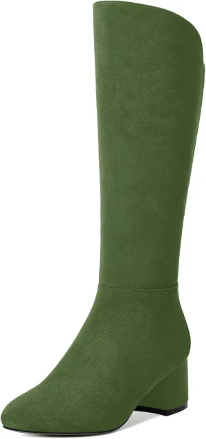 SHOWFOREST Womens Zip Solid Outdoor Cute Round Toe Suede Chunky Low Heel Knee High Boots 2 Inch