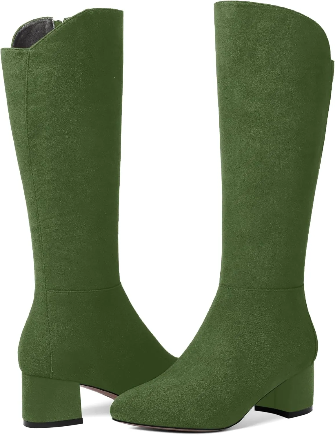 SHOWFOREST Womens Zip Solid Outdoor Cute Round Toe Suede Chunky Low Heel Knee High Boots 2 Inch
