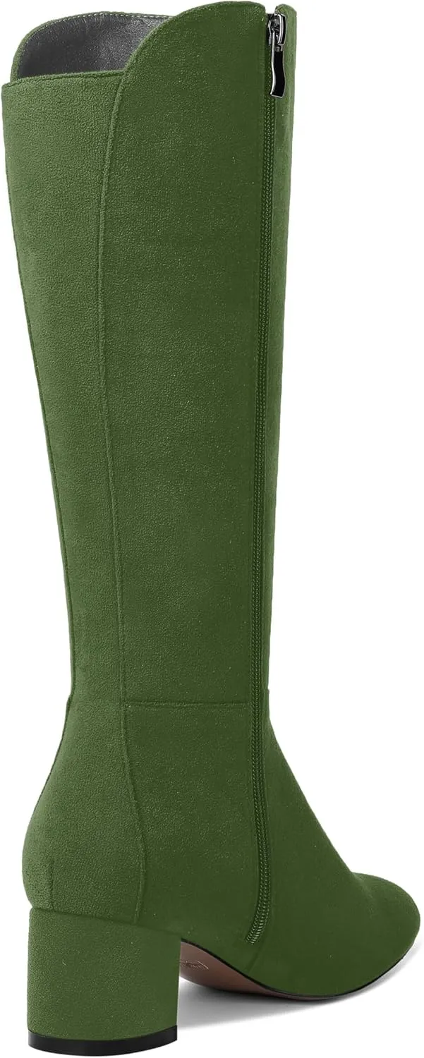 SHOWFOREST Womens Zip Solid Outdoor Cute Round Toe Suede Chunky Low Heel Knee High Boots 2 Inch