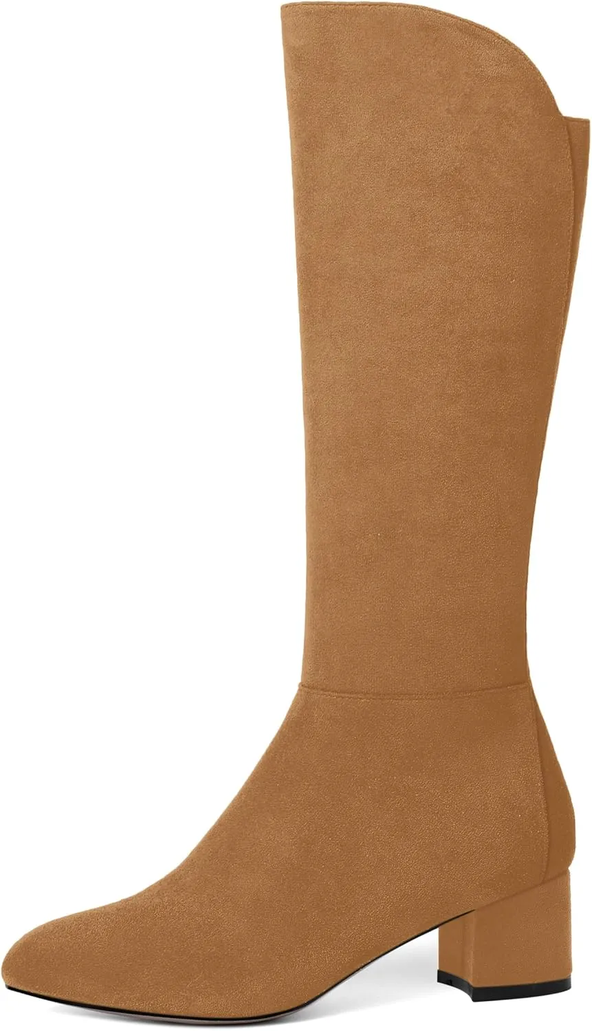 SHOWFOREST Womens Zip Solid Outdoor Cute Round Toe Suede Chunky Low Heel Knee High Boots 2 Inch