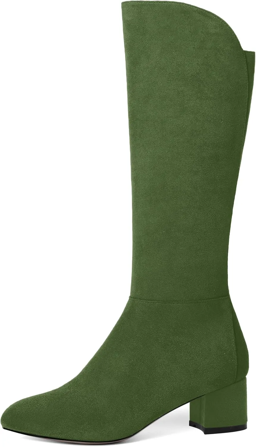 SHOWFOREST Womens Zip Solid Outdoor Cute Round Toe Suede Chunky Low Heel Knee High Boots 2 Inch