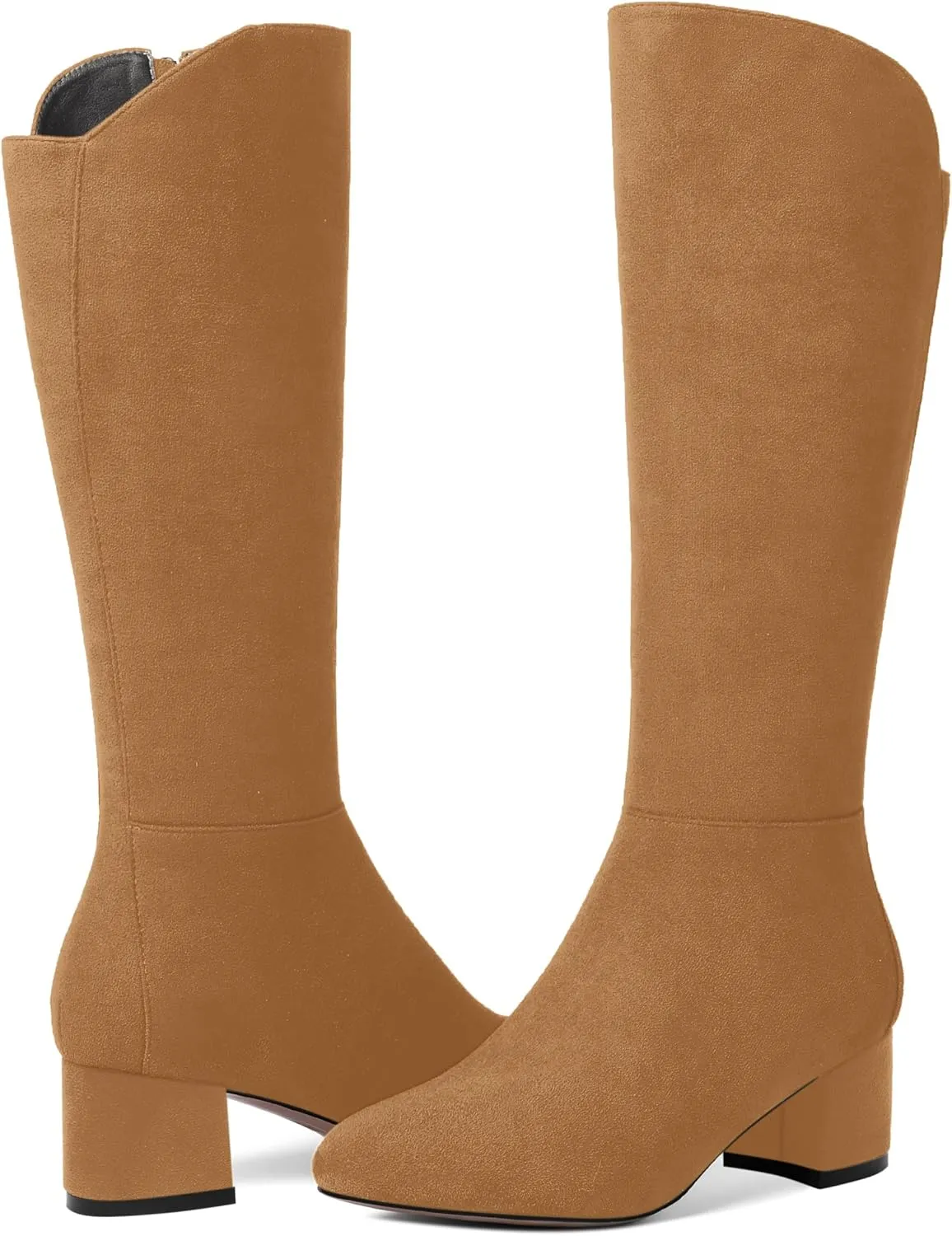 SHOWFOREST Womens Zip Solid Outdoor Cute Round Toe Suede Chunky Low Heel Knee High Boots 2 Inch