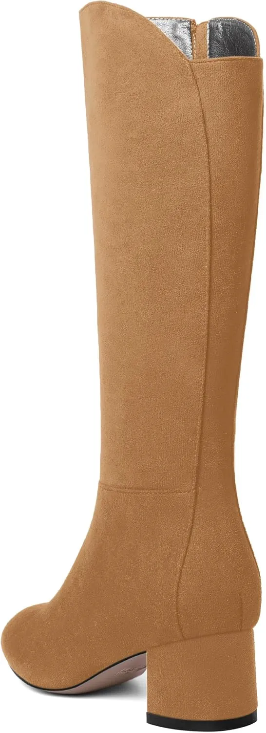 SHOWFOREST Womens Zip Solid Outdoor Cute Round Toe Suede Chunky Low Heel Knee High Boots 2 Inch
