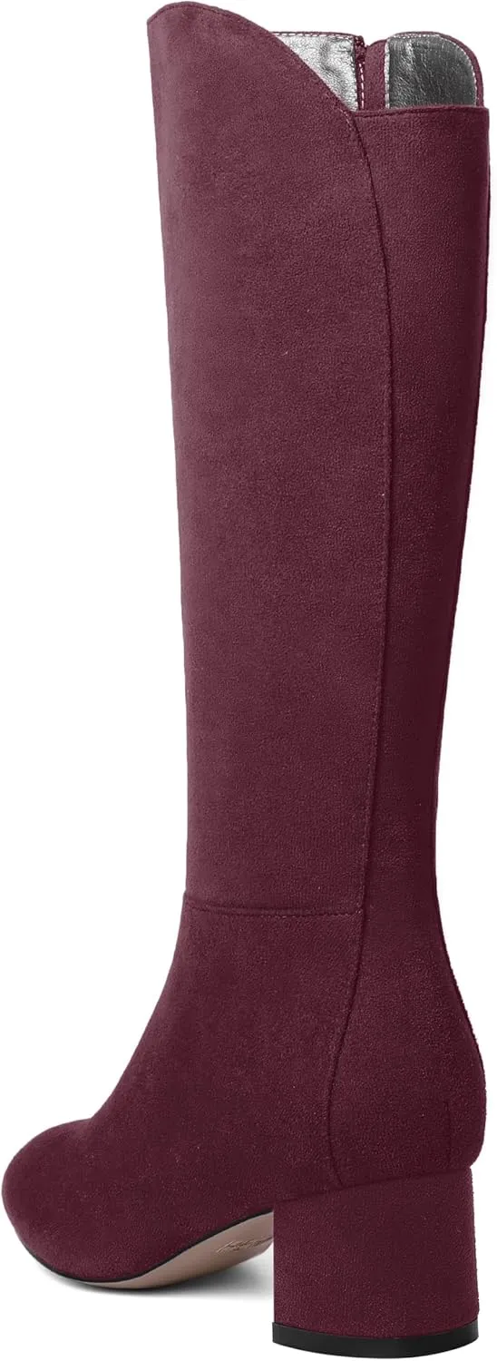 SHOWFOREST Womens Zip Solid Outdoor Cute Round Toe Suede Chunky Low Heel Knee High Boots 2 Inch