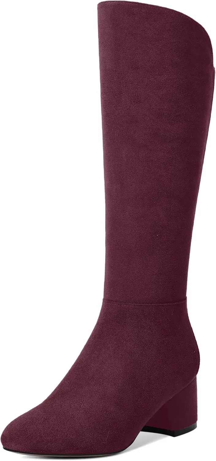 SHOWFOREST Womens Zip Solid Outdoor Cute Round Toe Suede Chunky Low Heel Knee High Boots 2 Inch