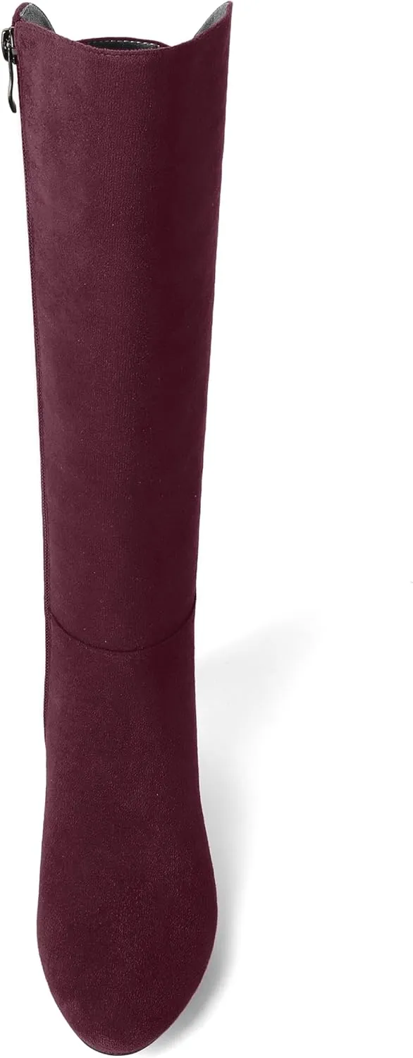 SHOWFOREST Womens Zip Solid Outdoor Cute Round Toe Suede Chunky Low Heel Knee High Boots 2 Inch