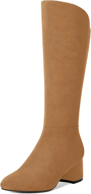 SHOWFOREST Womens Zip Solid Outdoor Cute Round Toe Suede Chunky Low Heel Knee High Boots 2 Inch