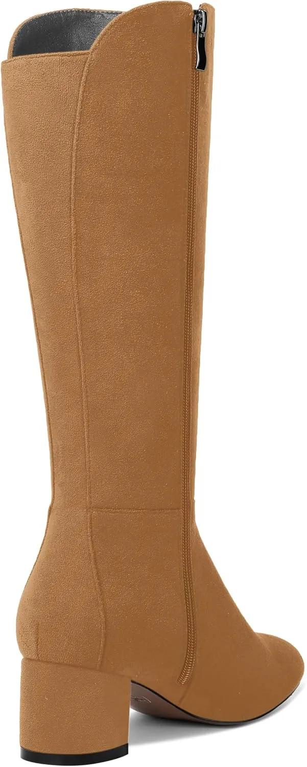 SHOWFOREST Womens Zip Solid Outdoor Cute Round Toe Suede Chunky Low Heel Knee High Boots 2 Inch