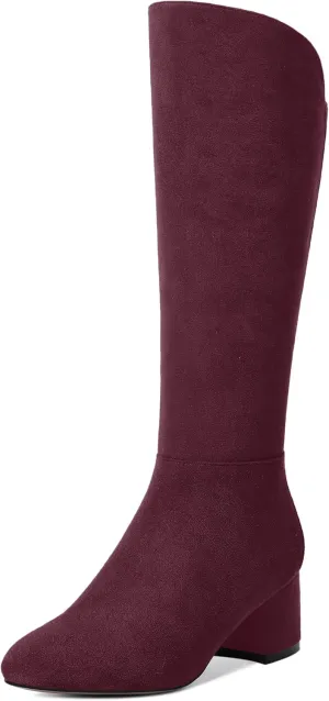 SHOWFOREST Womens Zip Solid Outdoor Cute Round Toe Suede Chunky Low Heel Knee High Boots 2 Inch