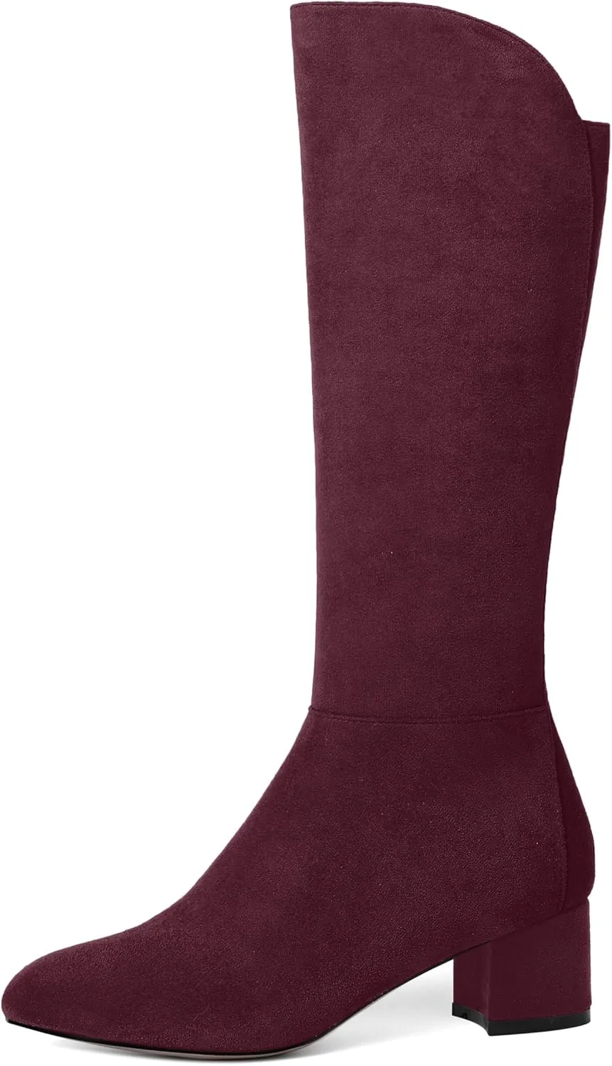 SHOWFOREST Womens Zip Solid Outdoor Cute Round Toe Suede Chunky Low Heel Knee High Boots 2 Inch