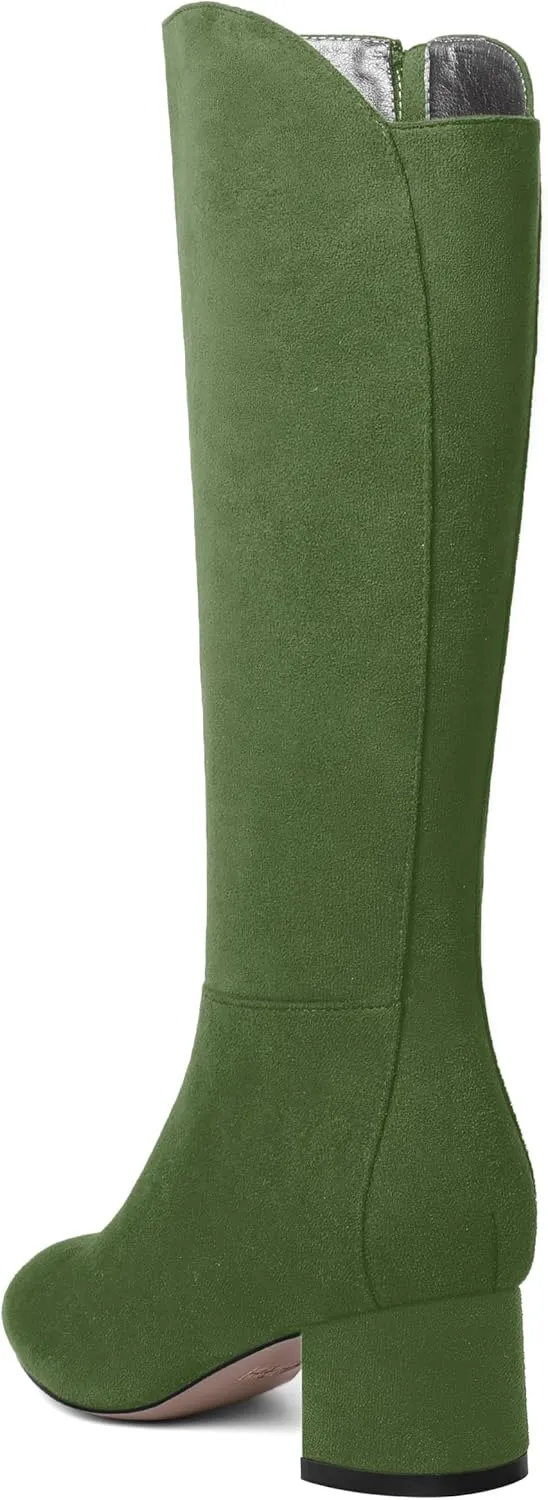 SHOWFOREST Womens Zip Solid Outdoor Cute Round Toe Suede Chunky Low Heel Knee High Boots 2 Inch