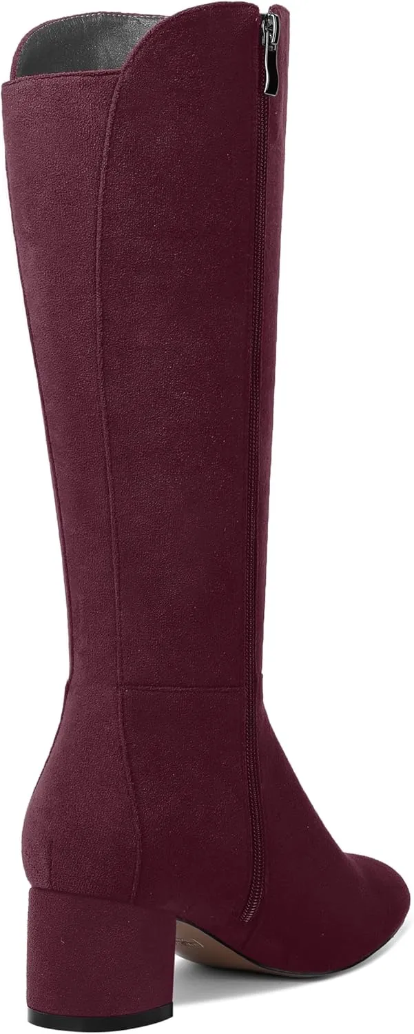 SHOWFOREST Womens Zip Solid Outdoor Cute Round Toe Suede Chunky Low Heel Knee High Boots 2 Inch