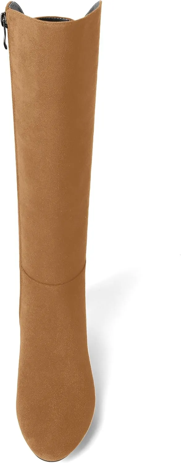 SHOWFOREST Womens Zip Solid Outdoor Cute Round Toe Suede Chunky Low Heel Knee High Boots 2 Inch