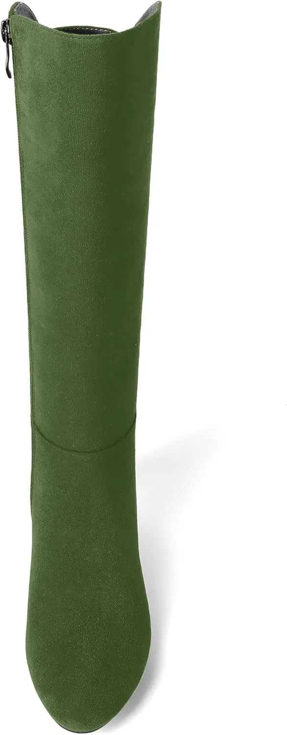 SHOWFOREST Womens Zip Solid Outdoor Cute Round Toe Suede Chunky Low Heel Knee High Boots 2 Inch
