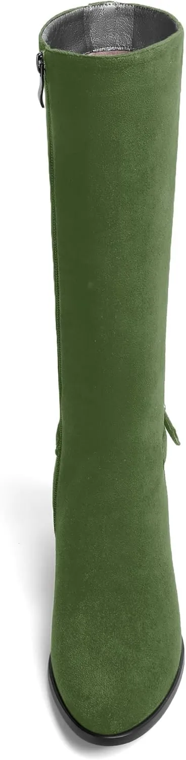 SHOWFOREST Womens Zip Suede Solid Outdoor Round Toe Sexy Chunky Low Heel Mid Calf Boots 2 Inch