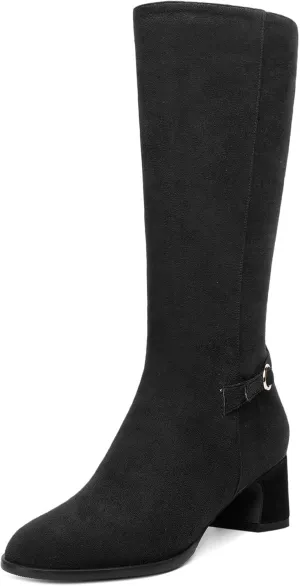 SHOWFOREST Womens Zip Suede Solid Outdoor Round Toe Sexy Chunky Low Heel Mid Calf Boots 2 Inch
