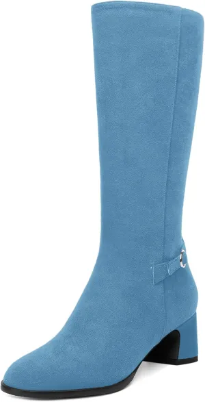 SHOWFOREST Womens Zip Suede Solid Outdoor Round Toe Sexy Chunky Low Heel Mid Calf Boots 2 Inch