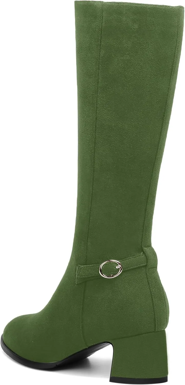 SHOWFOREST Womens Zip Suede Solid Outdoor Round Toe Sexy Chunky Low Heel Mid Calf Boots 2 Inch
