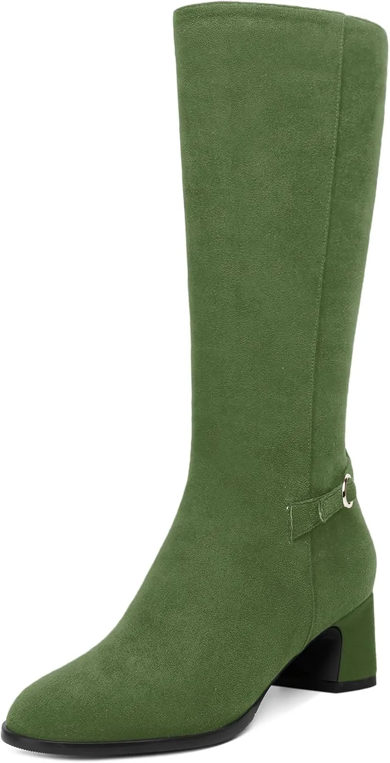 SHOWFOREST Womens Zip Suede Solid Outdoor Round Toe Sexy Chunky Low Heel Mid Calf Boots 2 Inch