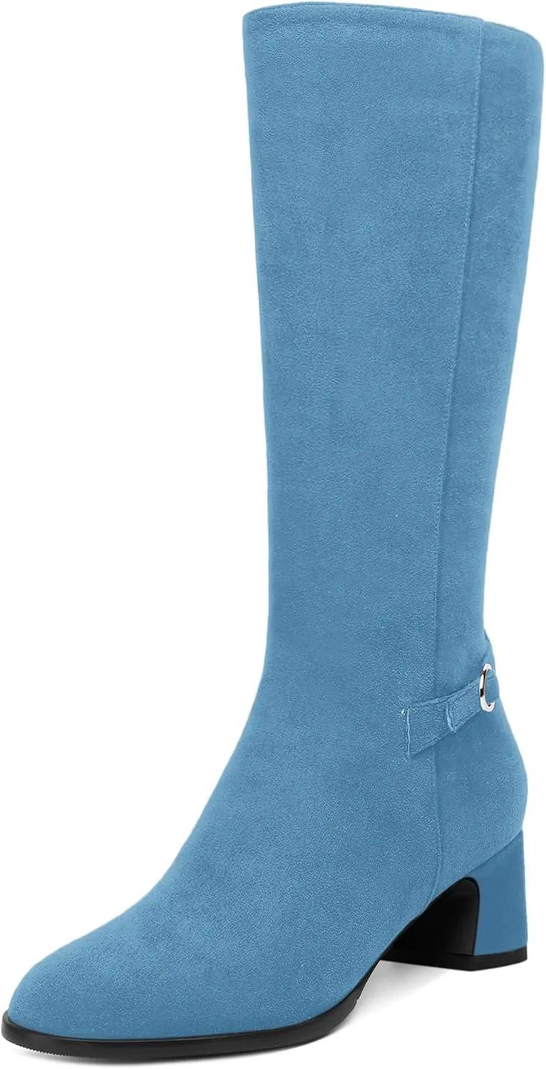 SHOWFOREST Womens Zip Suede Solid Outdoor Round Toe Sexy Chunky Low Heel Mid Calf Boots 2 Inch
