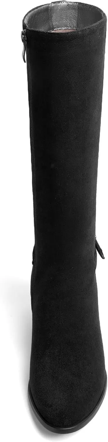 SHOWFOREST Womens Zip Suede Solid Outdoor Round Toe Sexy Chunky Low Heel Mid Calf Boots 2 Inch