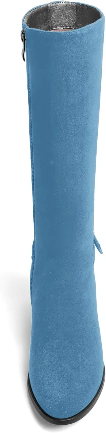 SHOWFOREST Womens Zip Suede Solid Outdoor Round Toe Sexy Chunky Low Heel Mid Calf Boots 2 Inch