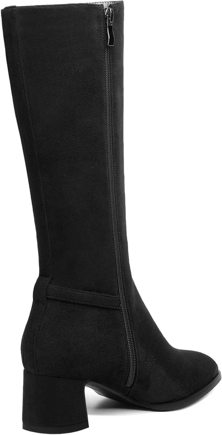 SHOWFOREST Womens Zip Suede Solid Outdoor Round Toe Sexy Chunky Low Heel Mid Calf Boots 2 Inch