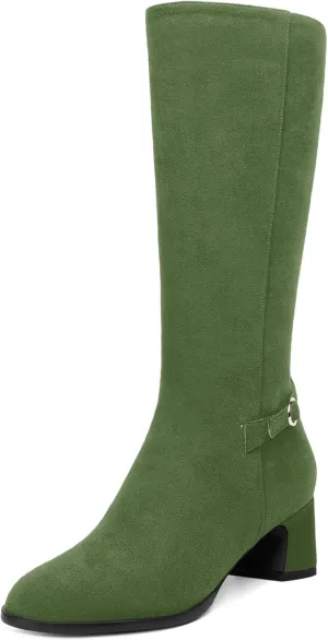 SHOWFOREST Womens Zip Suede Solid Outdoor Round Toe Sexy Chunky Low Heel Mid Calf Boots 2 Inch