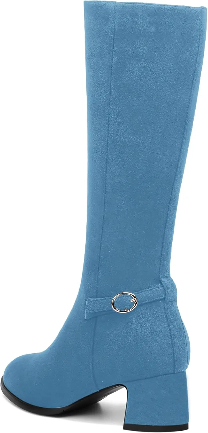 SHOWFOREST Womens Zip Suede Solid Outdoor Round Toe Sexy Chunky Low Heel Mid Calf Boots 2 Inch