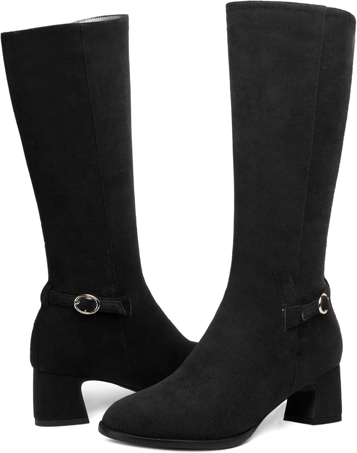 SHOWFOREST Womens Zip Suede Solid Outdoor Round Toe Sexy Chunky Low Heel Mid Calf Boots 2 Inch