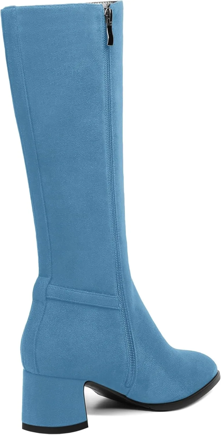 SHOWFOREST Womens Zip Suede Solid Outdoor Round Toe Sexy Chunky Low Heel Mid Calf Boots 2 Inch