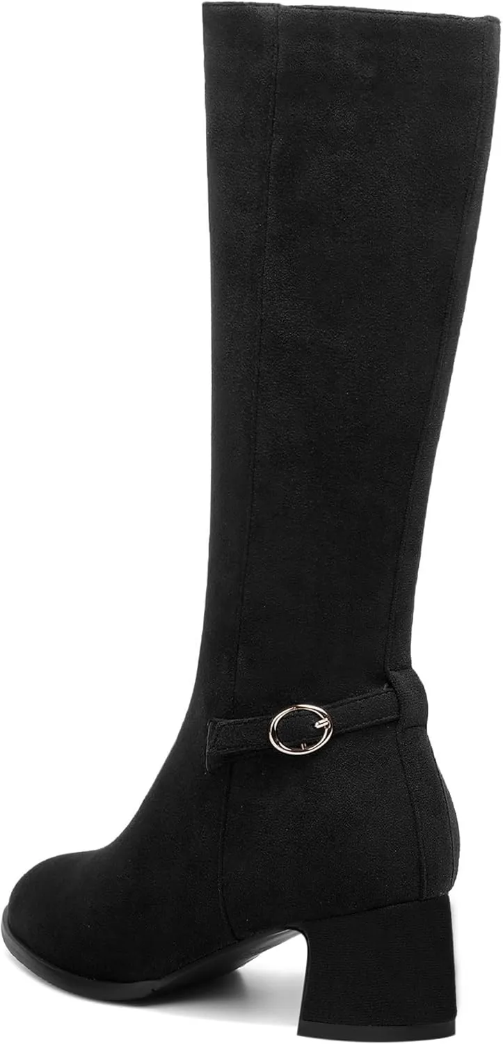 SHOWFOREST Womens Zip Suede Solid Outdoor Round Toe Sexy Chunky Low Heel Mid Calf Boots 2 Inch