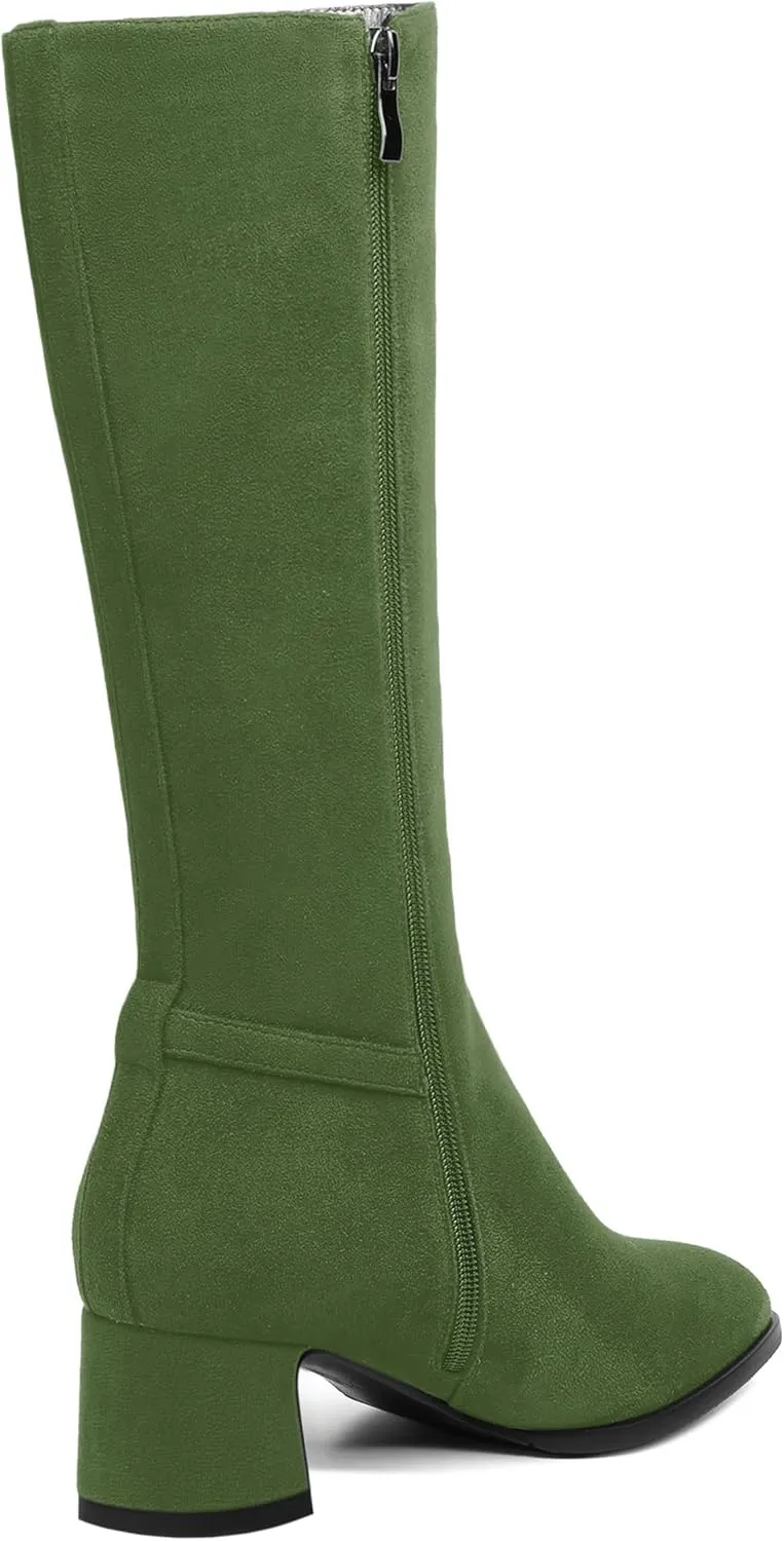 SHOWFOREST Womens Zip Suede Solid Outdoor Round Toe Sexy Chunky Low Heel Mid Calf Boots 2 Inch