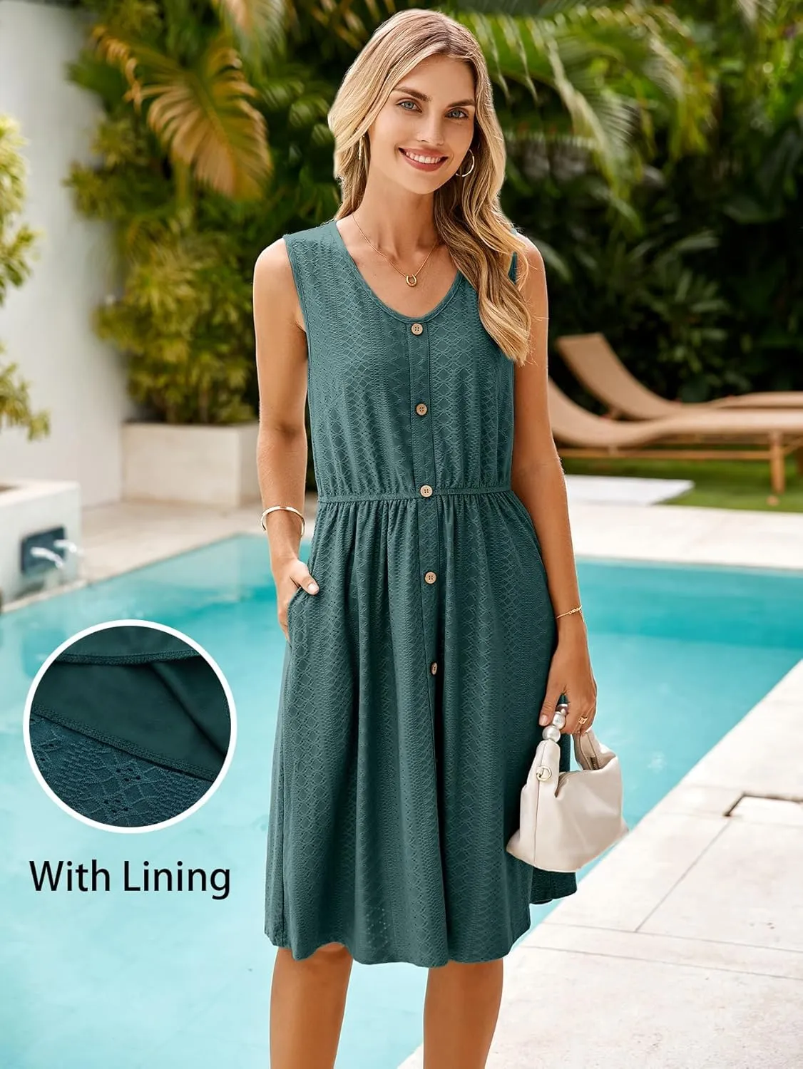 Simplee Womens Sleeveless Sundress Summer Casual Eyelet Button Down Short Dress Flowy Beach Tank Mini Dress with Pocket