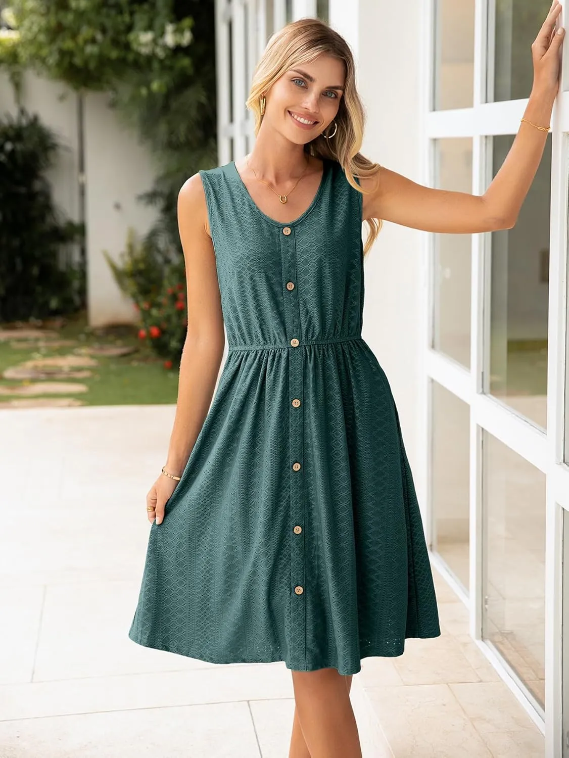 Simplee Womens Sleeveless Sundress Summer Casual Eyelet Button Down Short Dress Flowy Beach Tank Mini Dress with Pocket