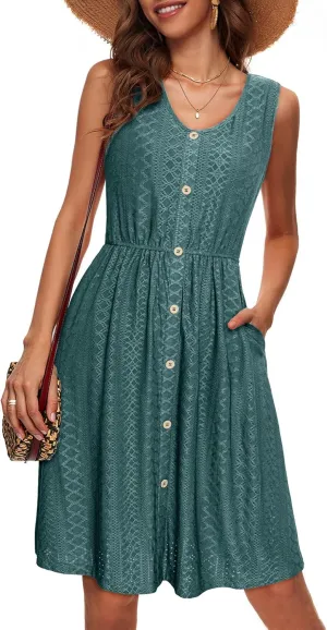 Simplee Womens Sleeveless Sundress Summer Casual Eyelet Button Down Short Dress Flowy Beach Tank Mini Dress with Pocket