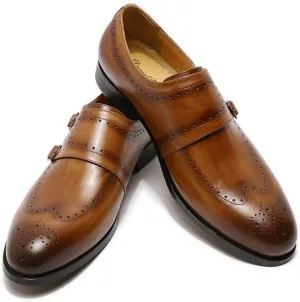 Single Season Formal Shoes Dress Oxford for Men Slip On Brogue Embossed Wing-tip Double Monk Strap Round Toe Cowhide Non Slip Rubber Sole Slip Resistant Casual Very Popular Among Young pe Brown